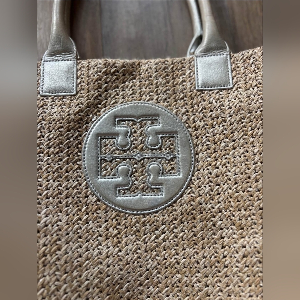 Tory Burch Metallic Gold and Silver Ella Raffia Straw Tote Bag Purse Handbag - Picture 3 of 5